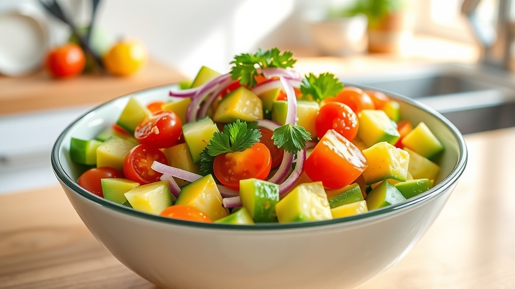 Refreshing Avocado Salad with Lime Dressing A colorful avocado salad with tomatoes, cucumbers, and red onion, garnished with cilantro and lime dressing.
